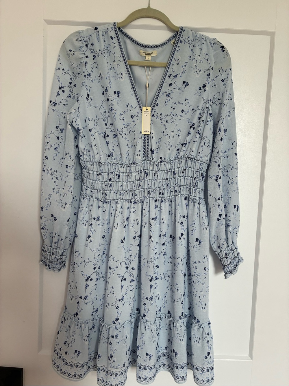 Max Studio Light Blue Floral Smocked-Waist Mini Dress